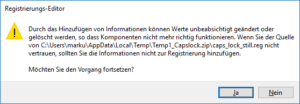 Vorm Einarbeiten der REG-Datei in die Registry warnt Sie Ihr PC vor potentiellem Schaden.