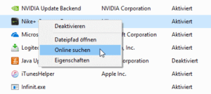 Kontextmenue für einen Autostart-Eintrag