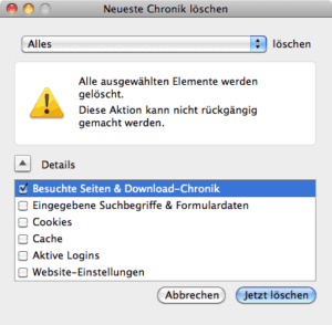 Dialogfenster in Firefox zum Löschen des Verlaufs