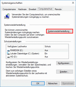 Der Knopf Systemwiederherstellung
