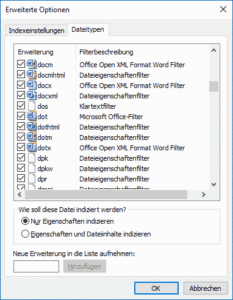 Dateitypen für den Index