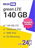 Mega SIM green LTE 140 GB – Handyvertrag im Telefonica Netz mit Internet Flat, Flat Telefonie und...