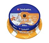 Verbatim DVD-R Wide Inkjet Printable 4.7GB, 25er Pack Spindel, DVD Rohlinge bedruckbar, 16-fache...