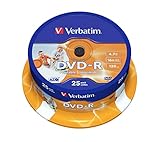 Verbatim DVD-R Wide Inkjet Printable 4.7GB, 25er Pack Spindel, DVD Rohlinge bedruckbar, 16-fache...