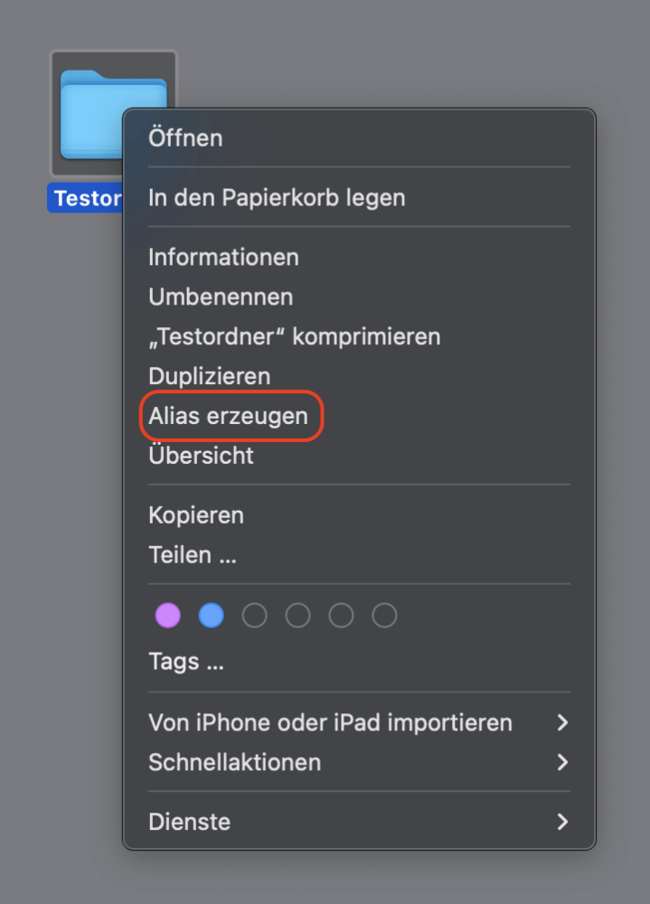 Ein Screenshot eines macOS-Kontextmenüs, das sich auf einem Ordner namens "Testordner" öffnet und die Option "Alias erzeugen" hervorhebt.